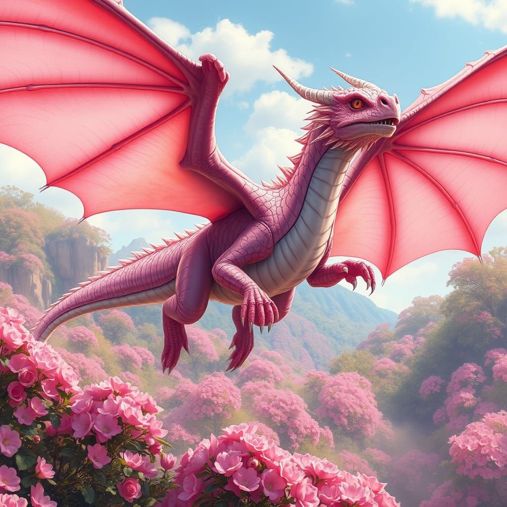 Ethereal Pink Dragon Soars Above Vibrant Flower Forest