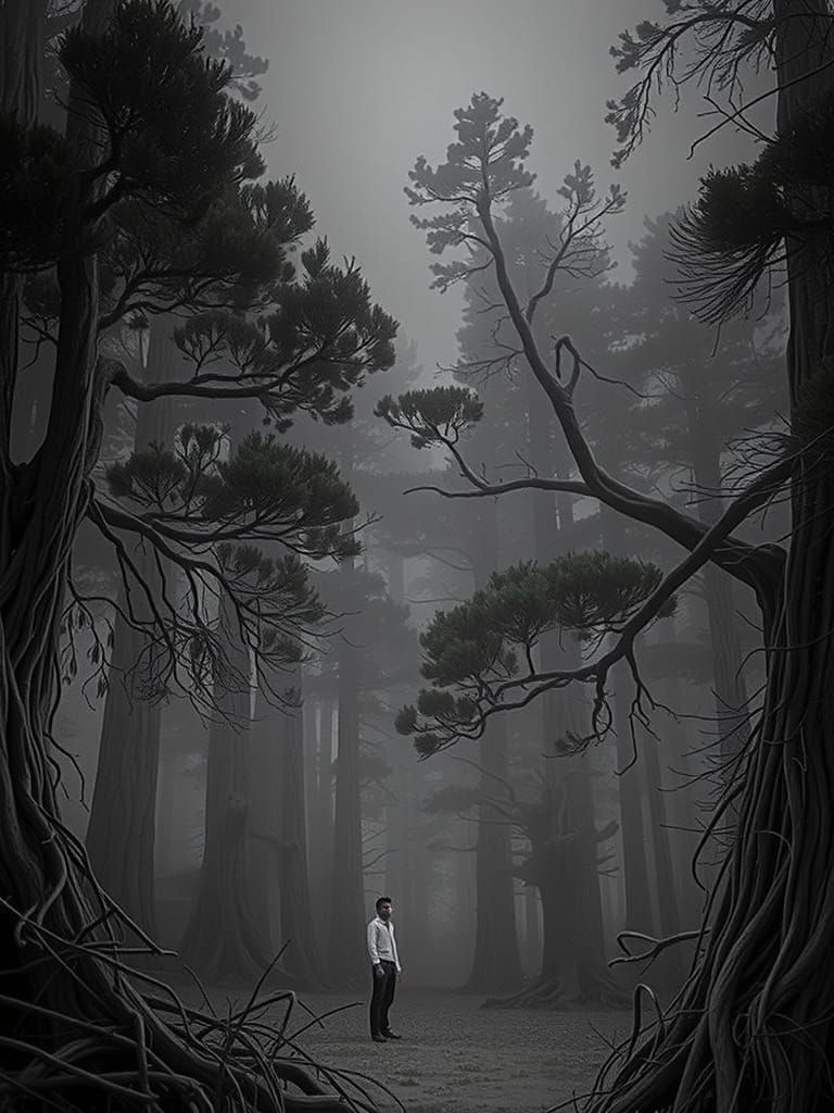 Misty Forest Night: Cinematic Lighting and Film Grain