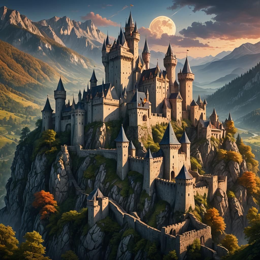Fantasy Medieval Castle at Dusk in Matte Painting Style