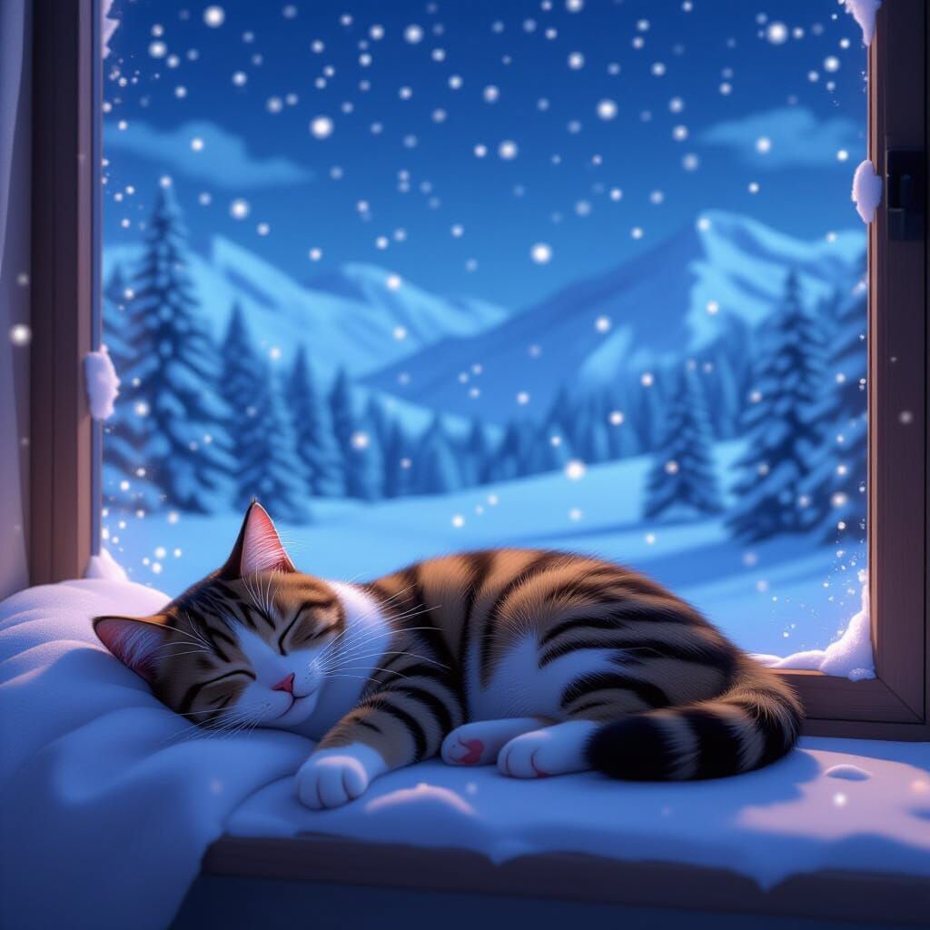 Tabby Cat Sleeps in Snowy Anime Landscape