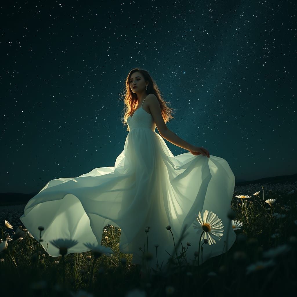 Woman in Cornflowers Under Starry Night Sky