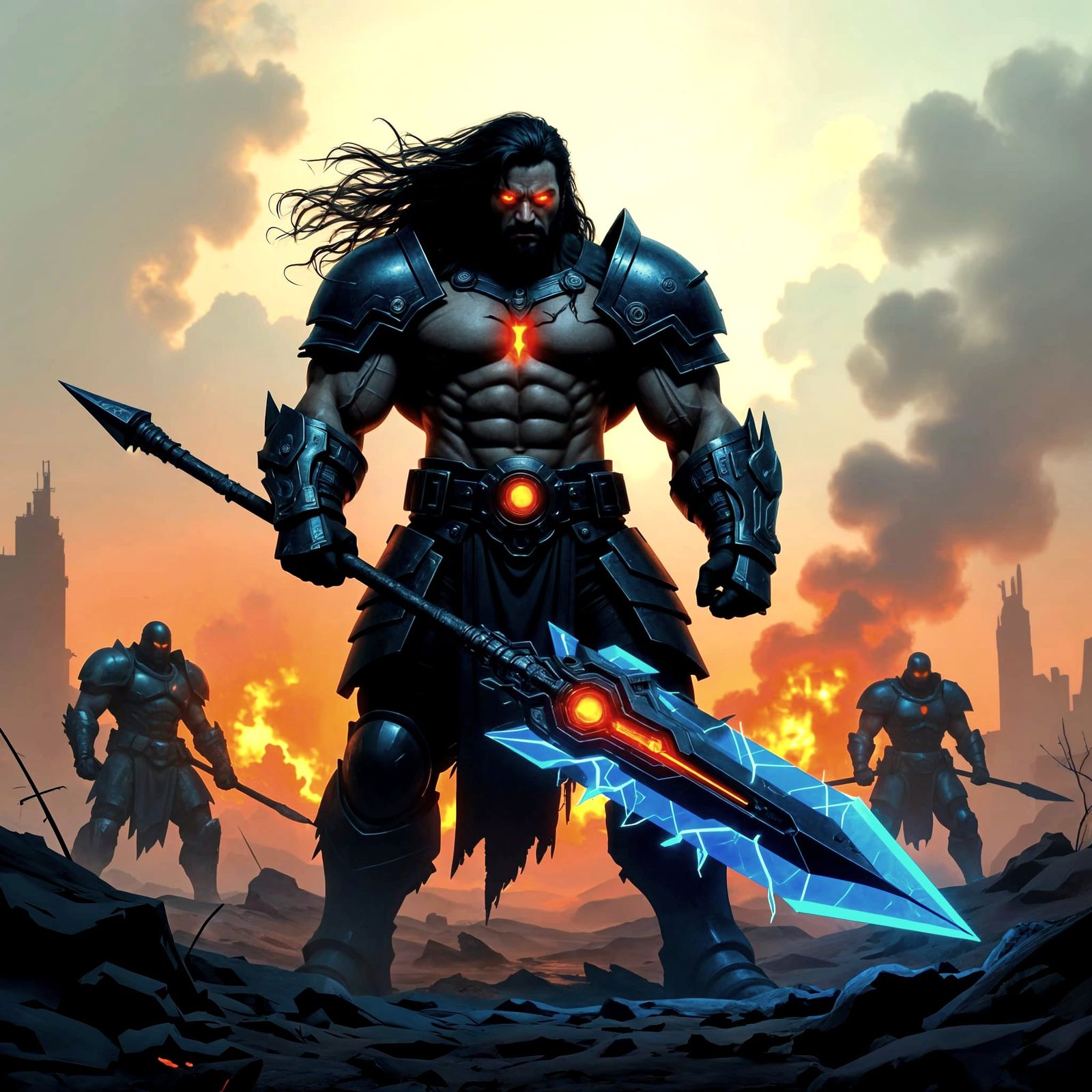 Muscular Warlord with Cybernetic Spear, Impasto Comic Style