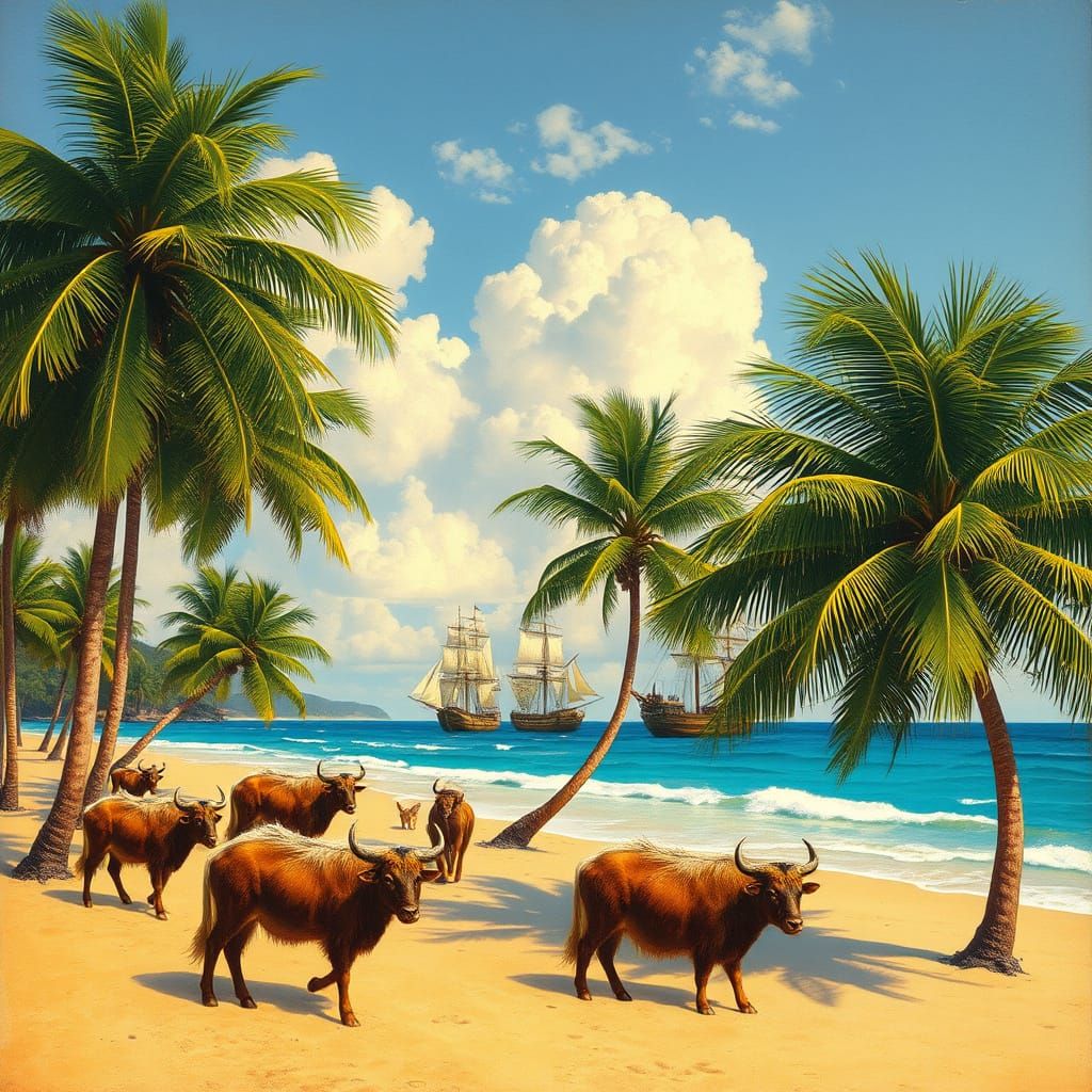 Beach Scene with Exotic Animals and Palm Trees