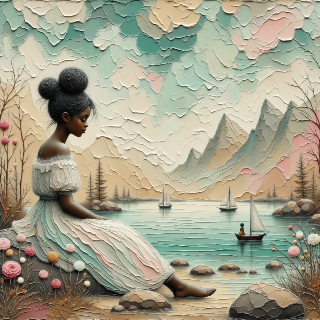 Woman on Mountain Overlooking Sea in Ethereal Impressionist ...