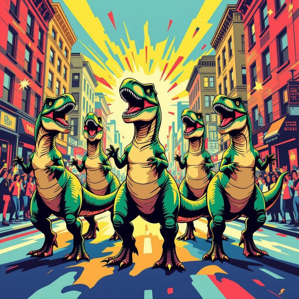 Thirteen T-Rex Dinosaurs Celebrate Freedom in Pop Art Style