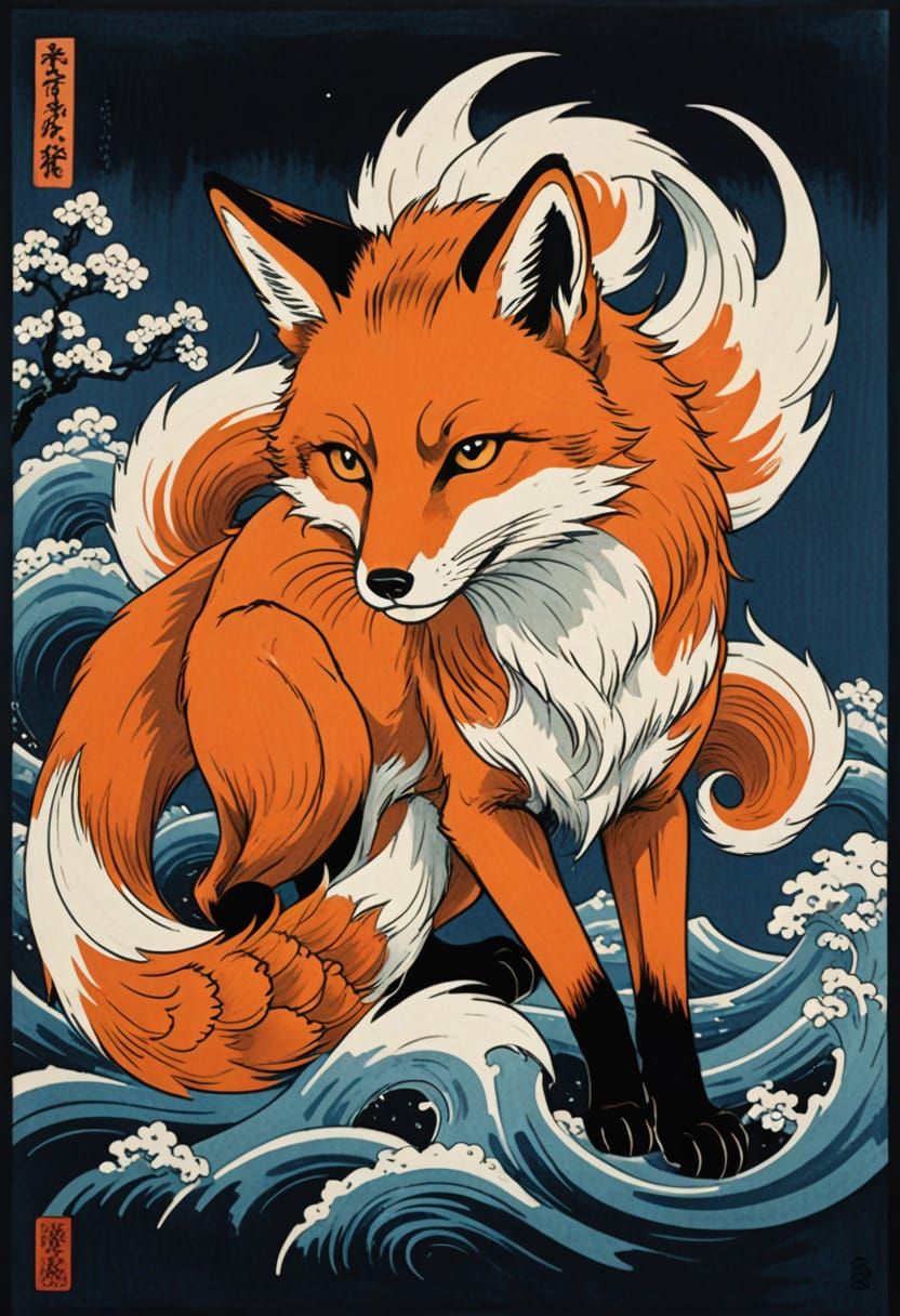 Sensual Kitsune Goddess in Traditional Japanese Art