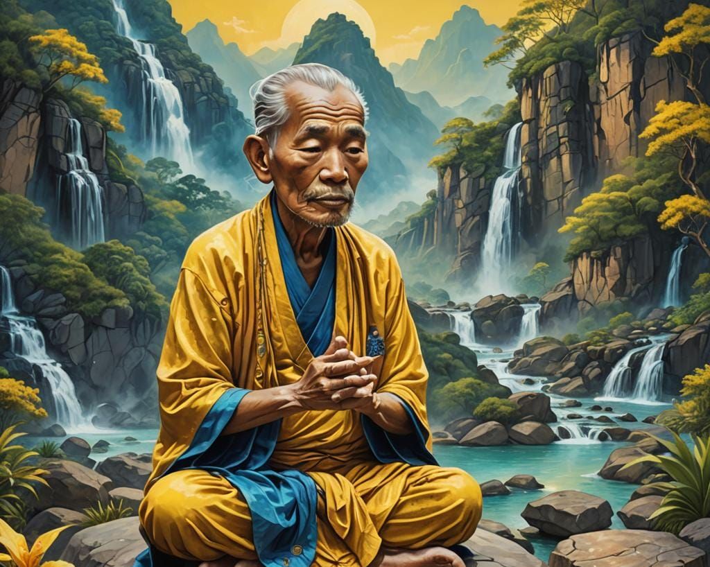 Wise Thai Man Meditating in Astral Landscape