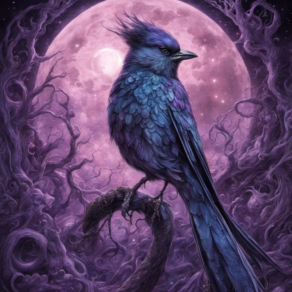 Eldritch Sparrow: Gothic Pencil Sketch Under Purple Moon