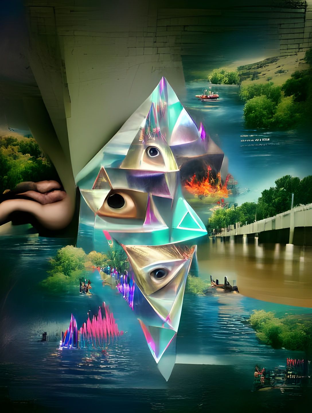 River Flows From Floating Pyramid Into Abysmal Eye