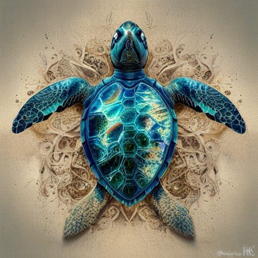Sea Turtle with Sandcastle in Intricate Digital Art