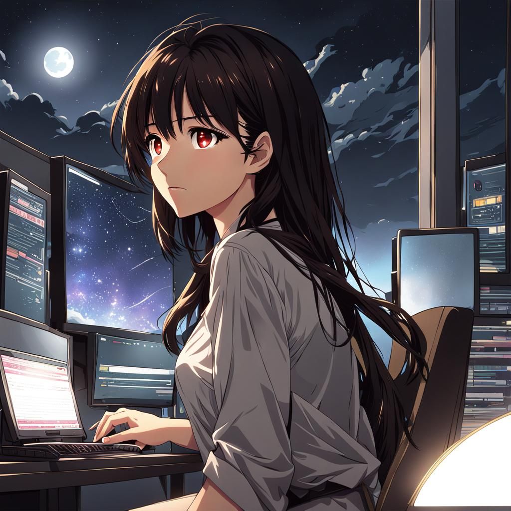Anime Style Woman Working Late at Night
