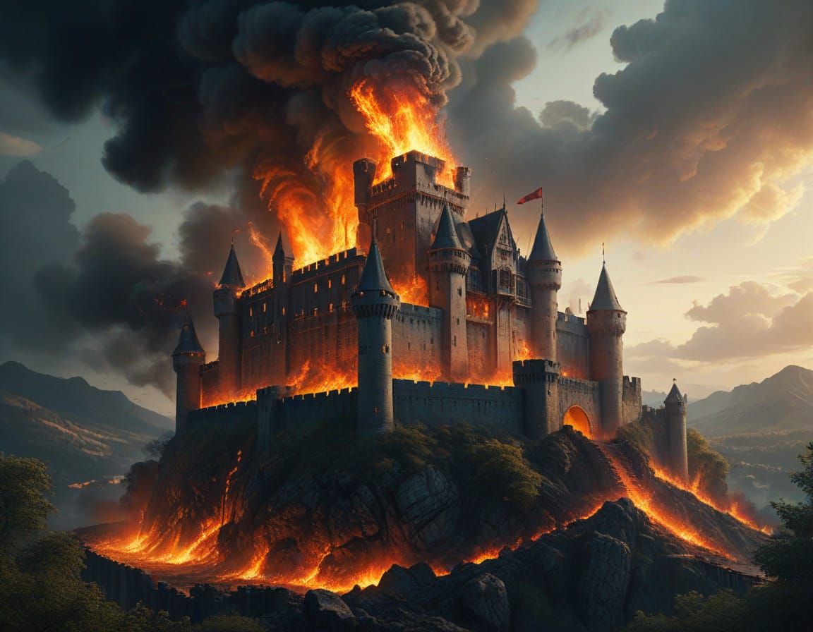 Epic Medieval Castle Ablaze in Dramatic Digital Painting