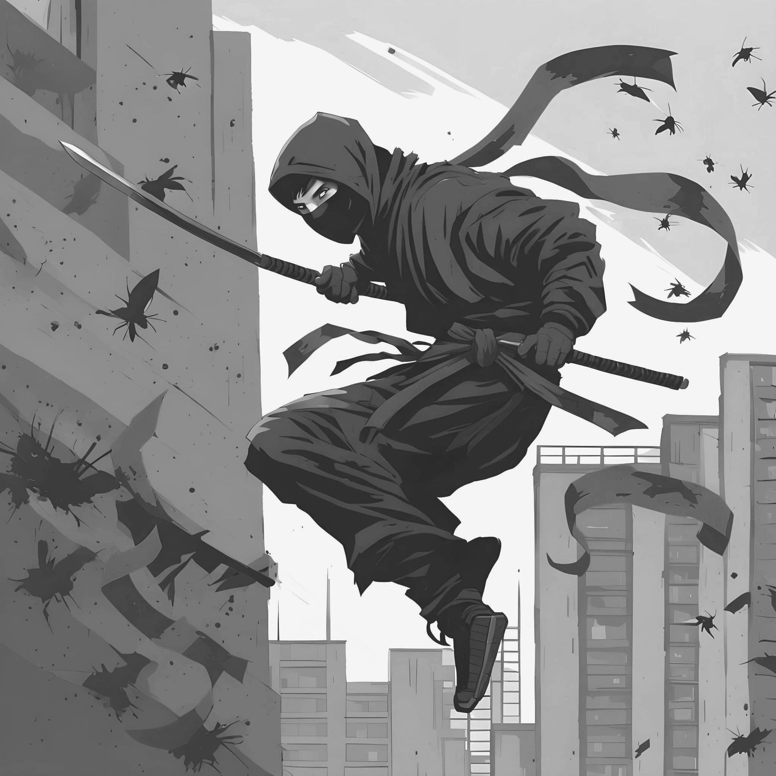 Ninja Leaping Between Brutalist Buildings in Anime Style