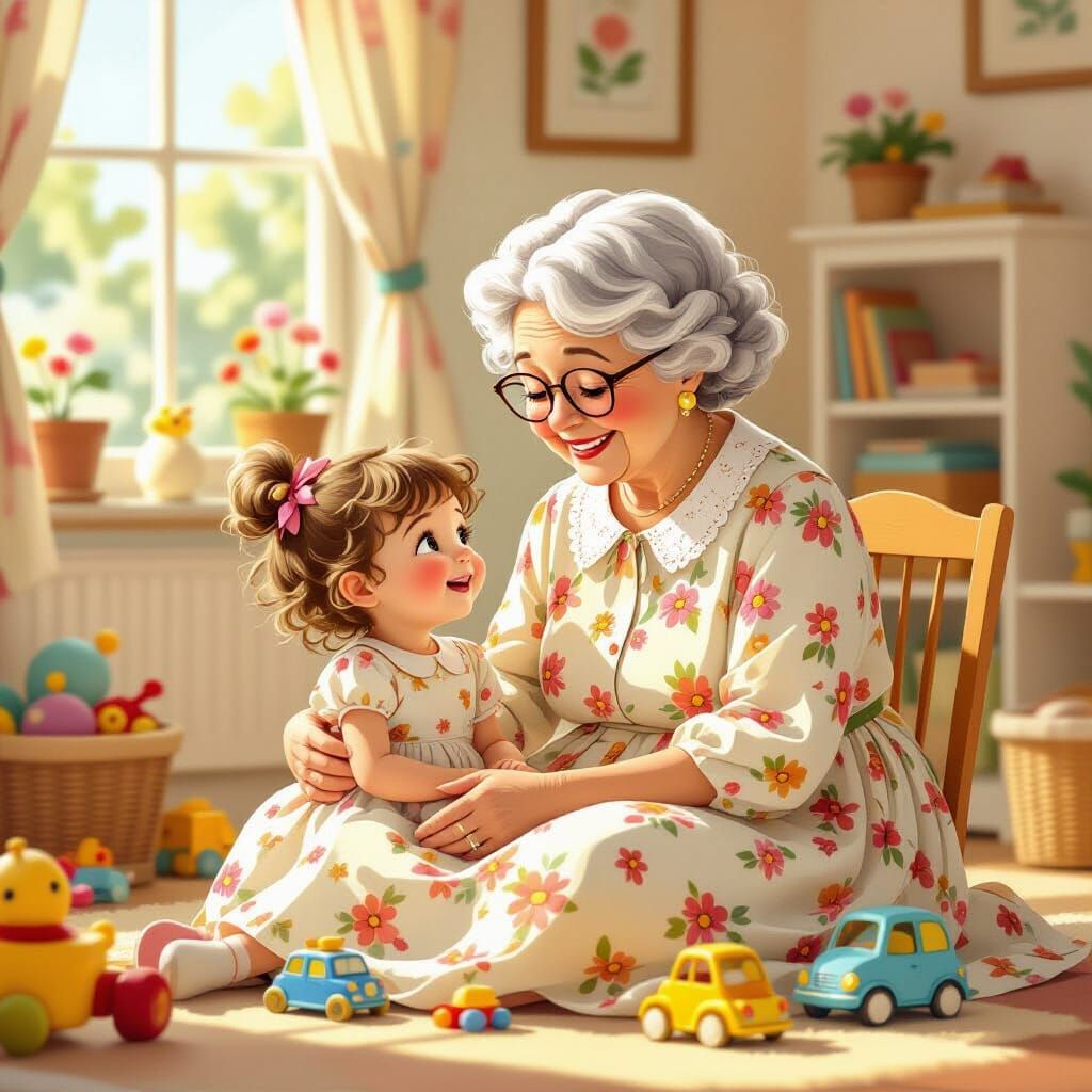 Grandma and Girl in Cozy Playroom, Beatrix Potter Style