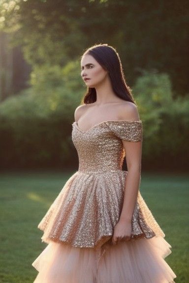 Woman in Rose Gold Beaded Wedding Dress