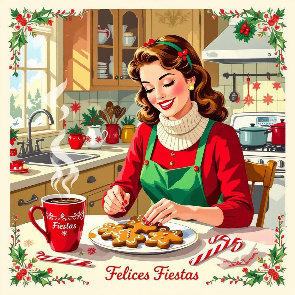 Vibrant Vintage Kitchen Scene: Woman Baking Cookies