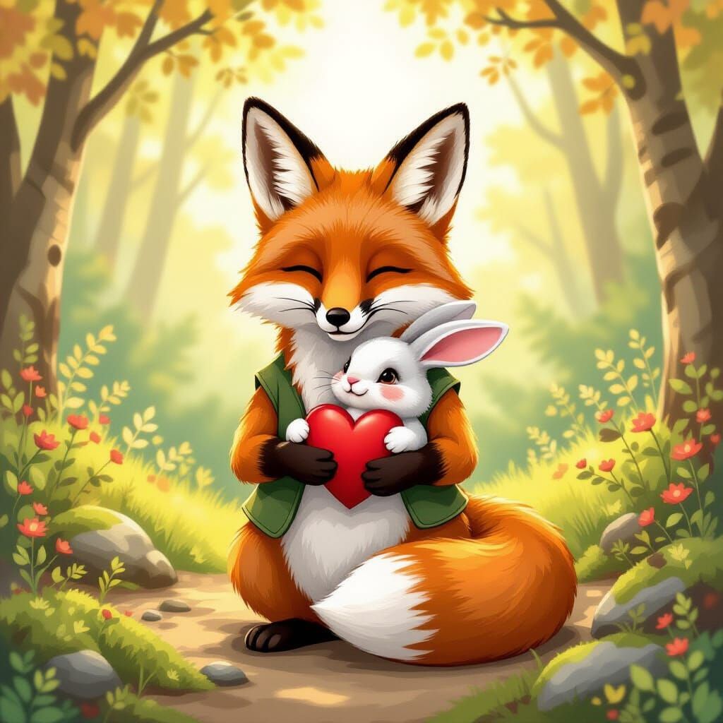 Fox Cradles Rabbit Heart in Whimsical Beatrix Potter Style
