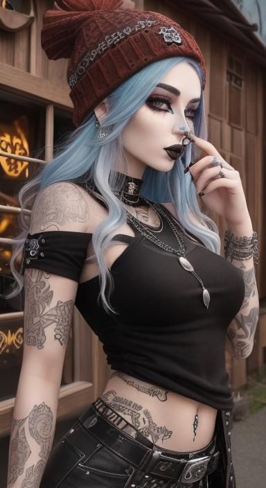 Beautiful Goth Woman with Piercings and Gingerbread House