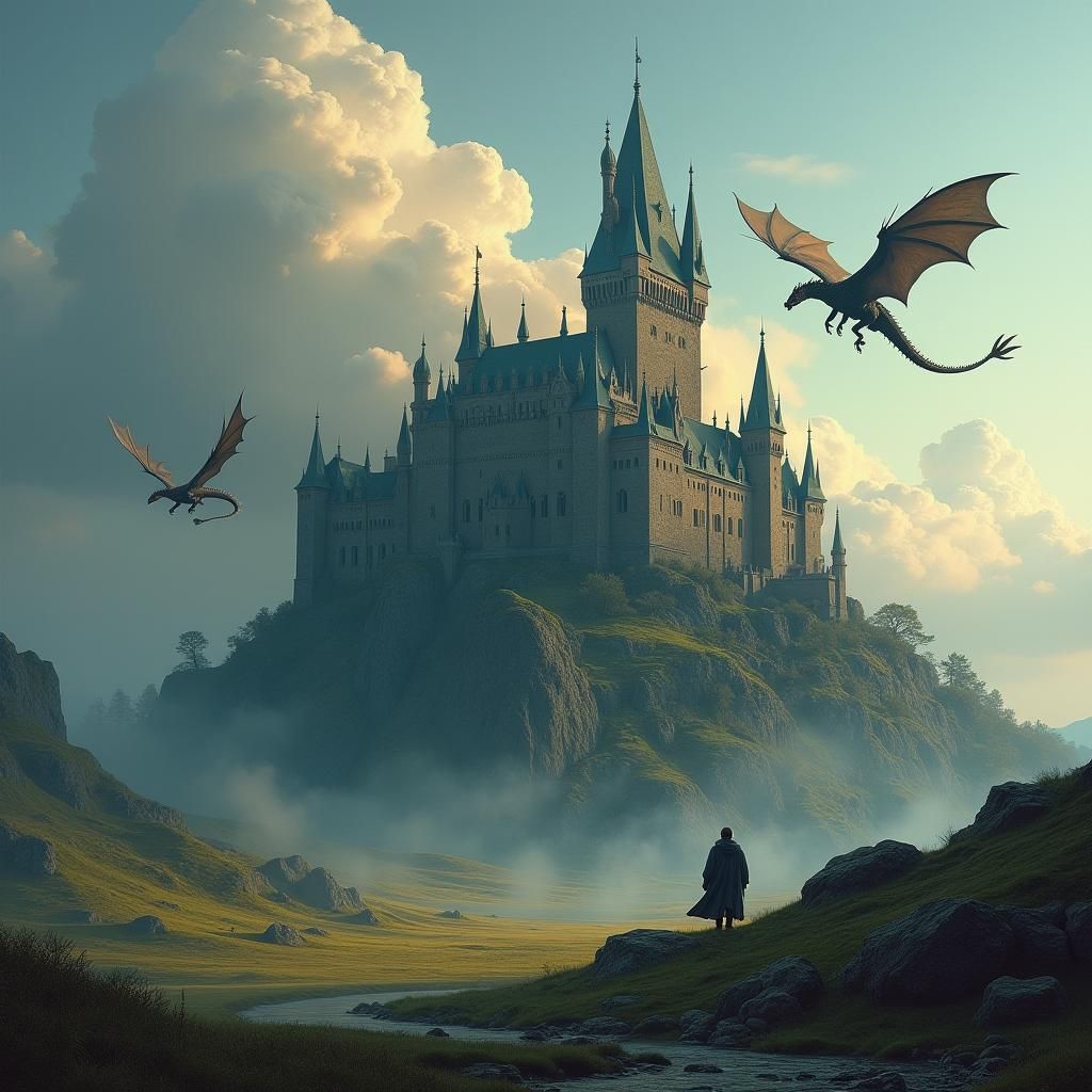 Scottish Castle with Dragons in Epic Fantasy Style