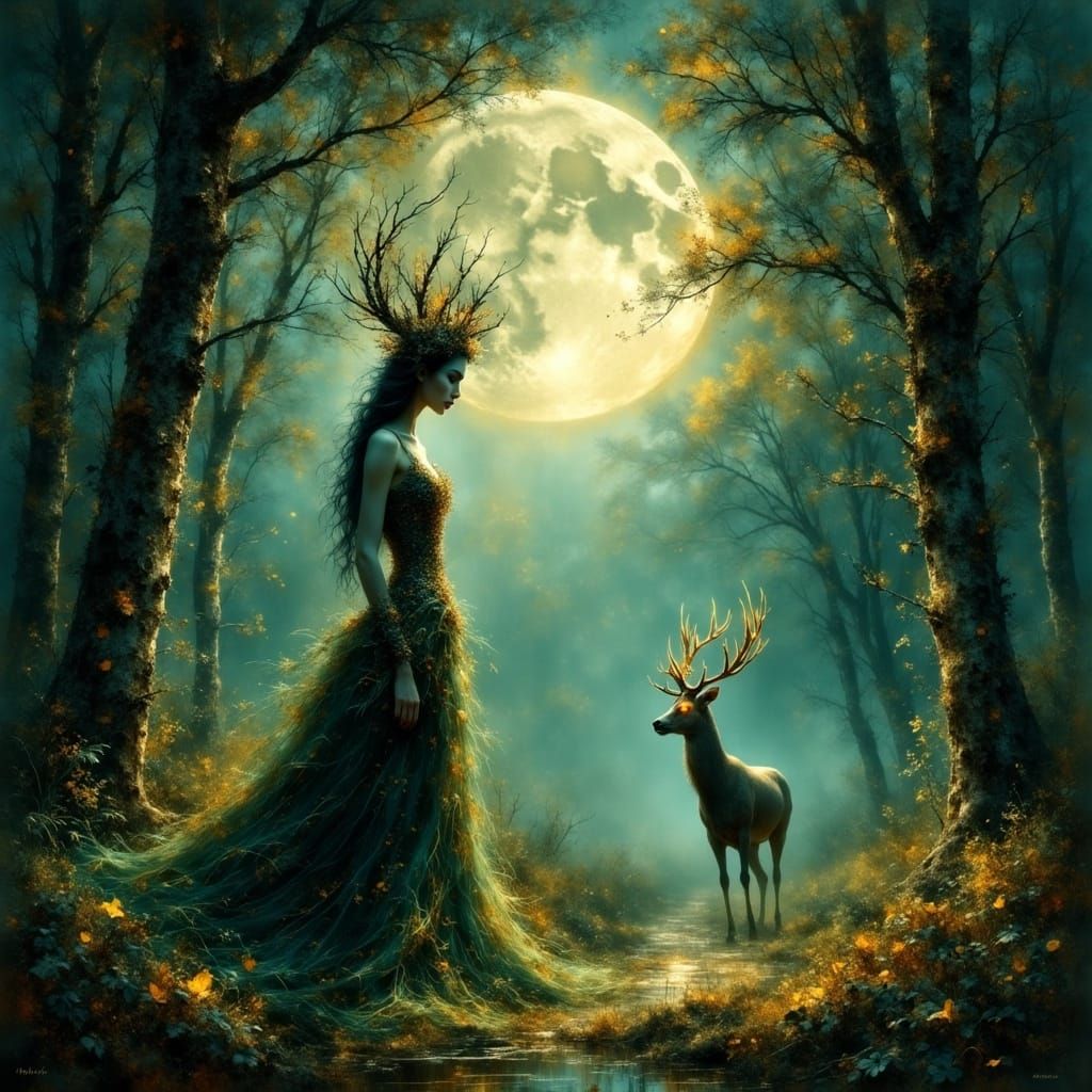 Mystical Forest Queen in Moonlit Clearing: Digital Art