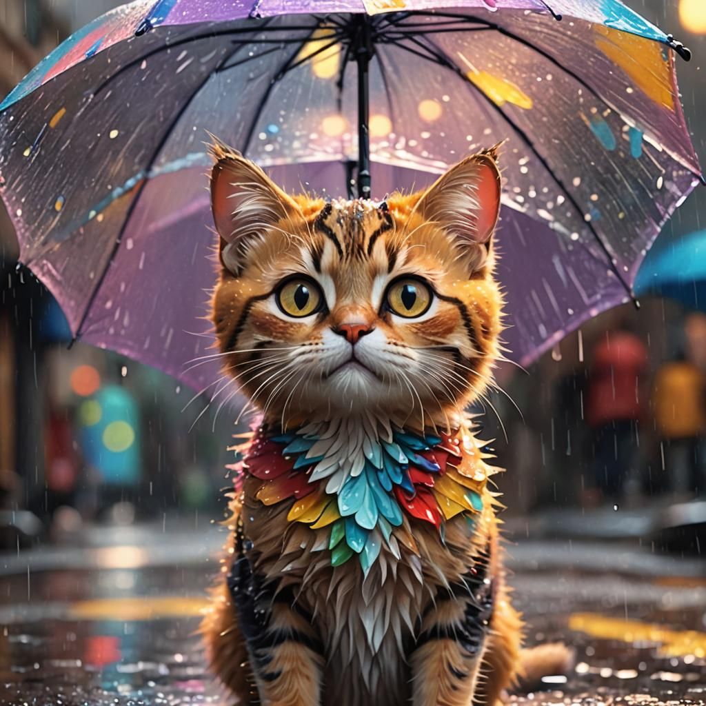 Sad Cat Under Umbrella in Pixar Style