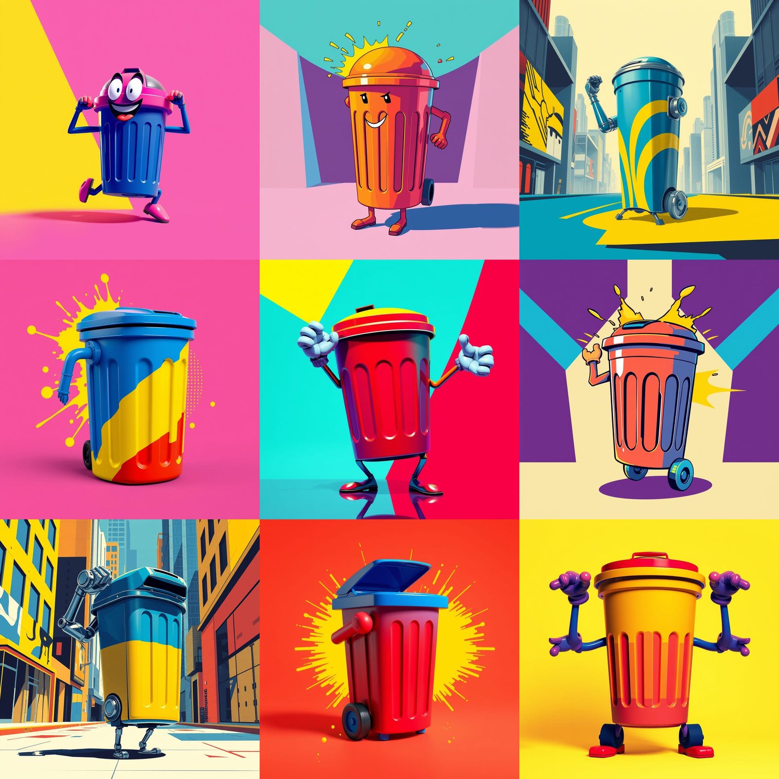 Animated Trash Can with Moving Arm and Leg in Vibrant Pop Ar...