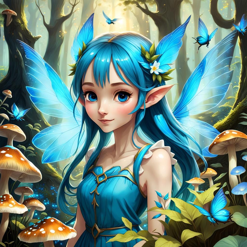 Azure-Winged Elf in Enchanted Forest Glade