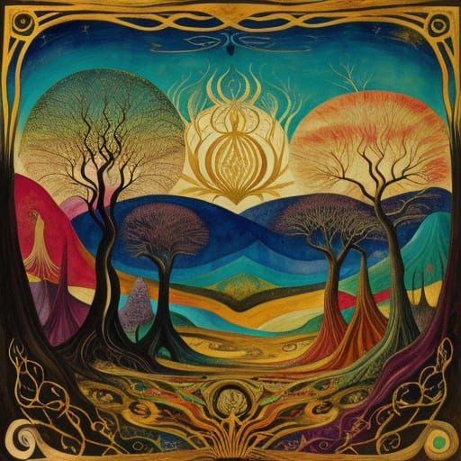 Surreal Creature in Vibrant Landscape, Mixed Media Collage