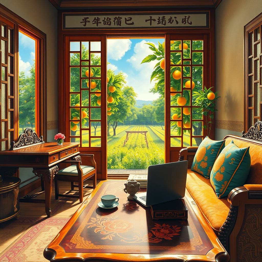Eastern Luxury Workspace in Impressionist Style