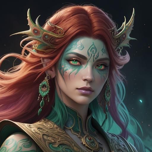 Dragon Woman Portrait with Peacock Feathers, Fantasy Art