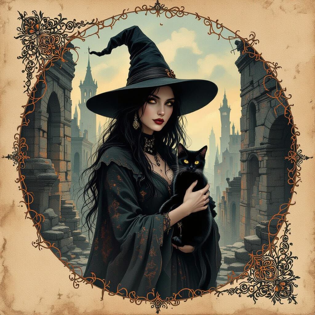 Witch with Black Cat in Ruined City, Dark Surreal Art