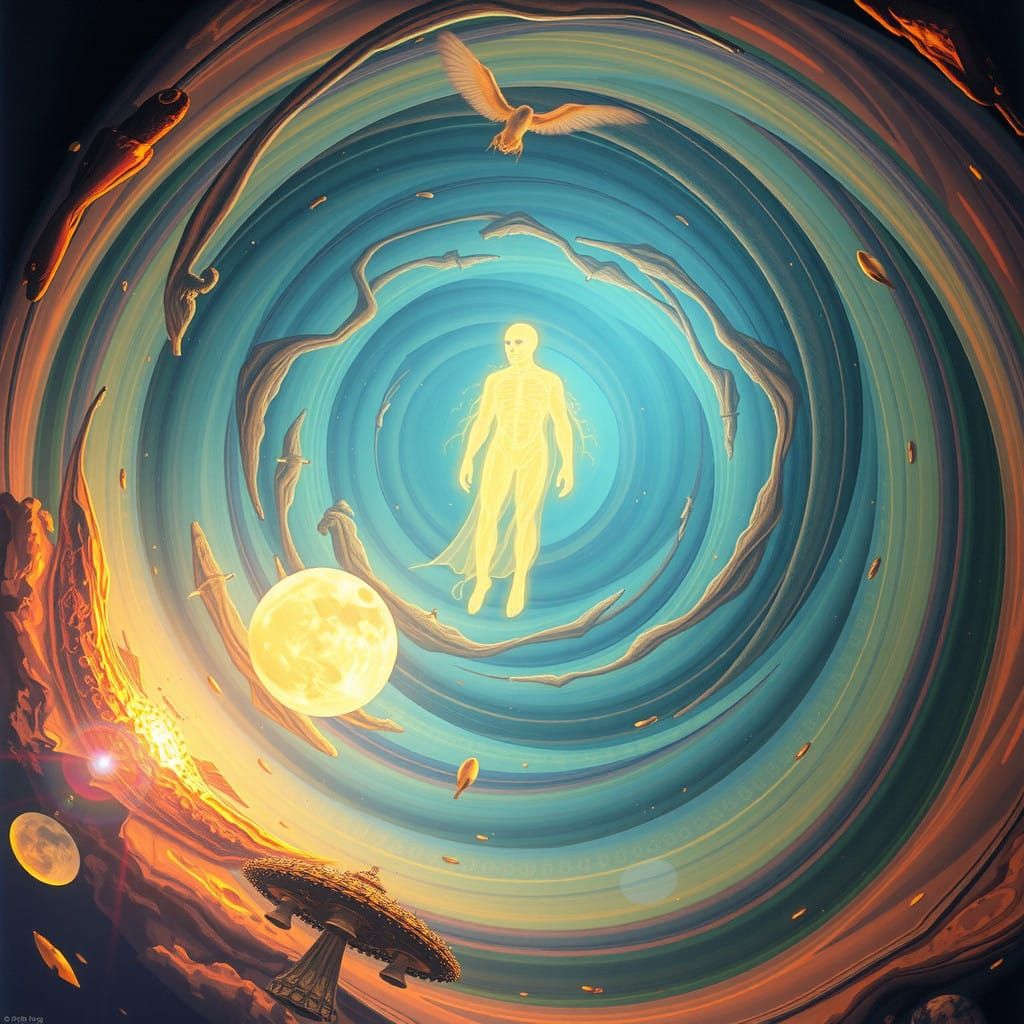 Dreamlike Entity in Vibrant, Swirling Vortex