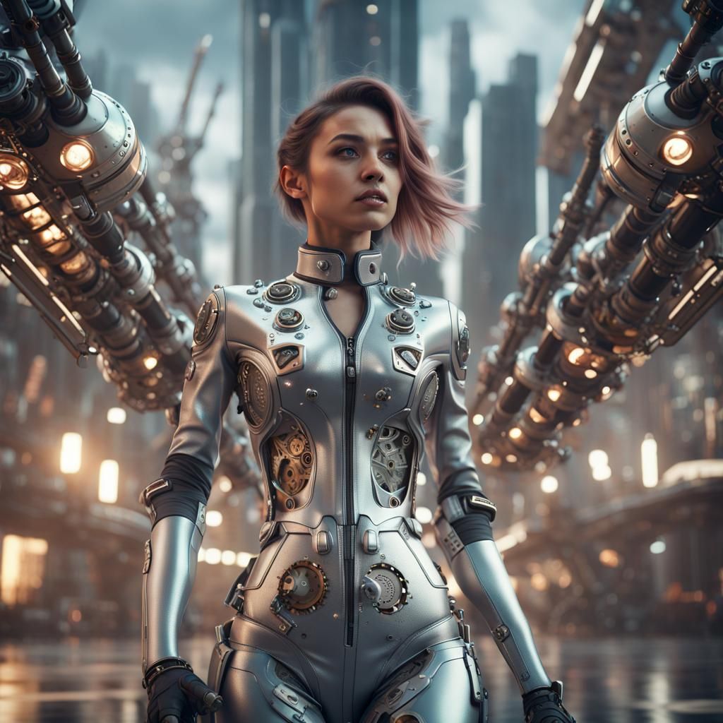 Woman Flies Drone in Futuristic Steampunk City