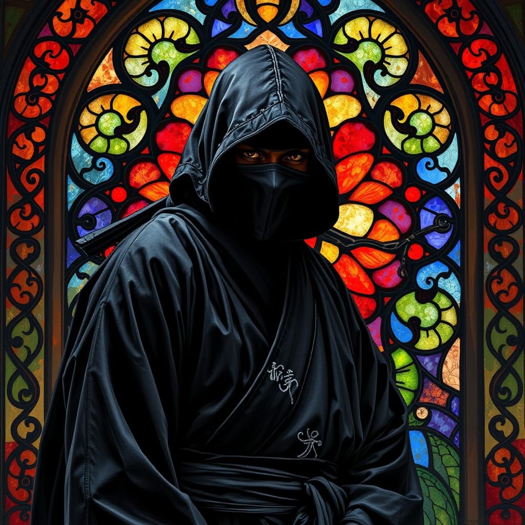 Surreal Stained Glass Ninja Portrait in Art Nouveau Style