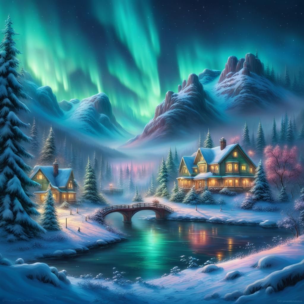 Winter Riverdale Under Northern Lights, Kinkade Style