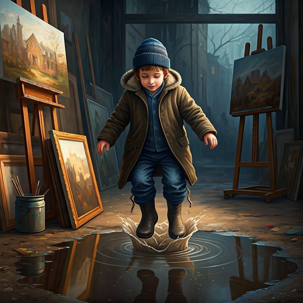 Boy Jumping in Puddle: Old Master Style