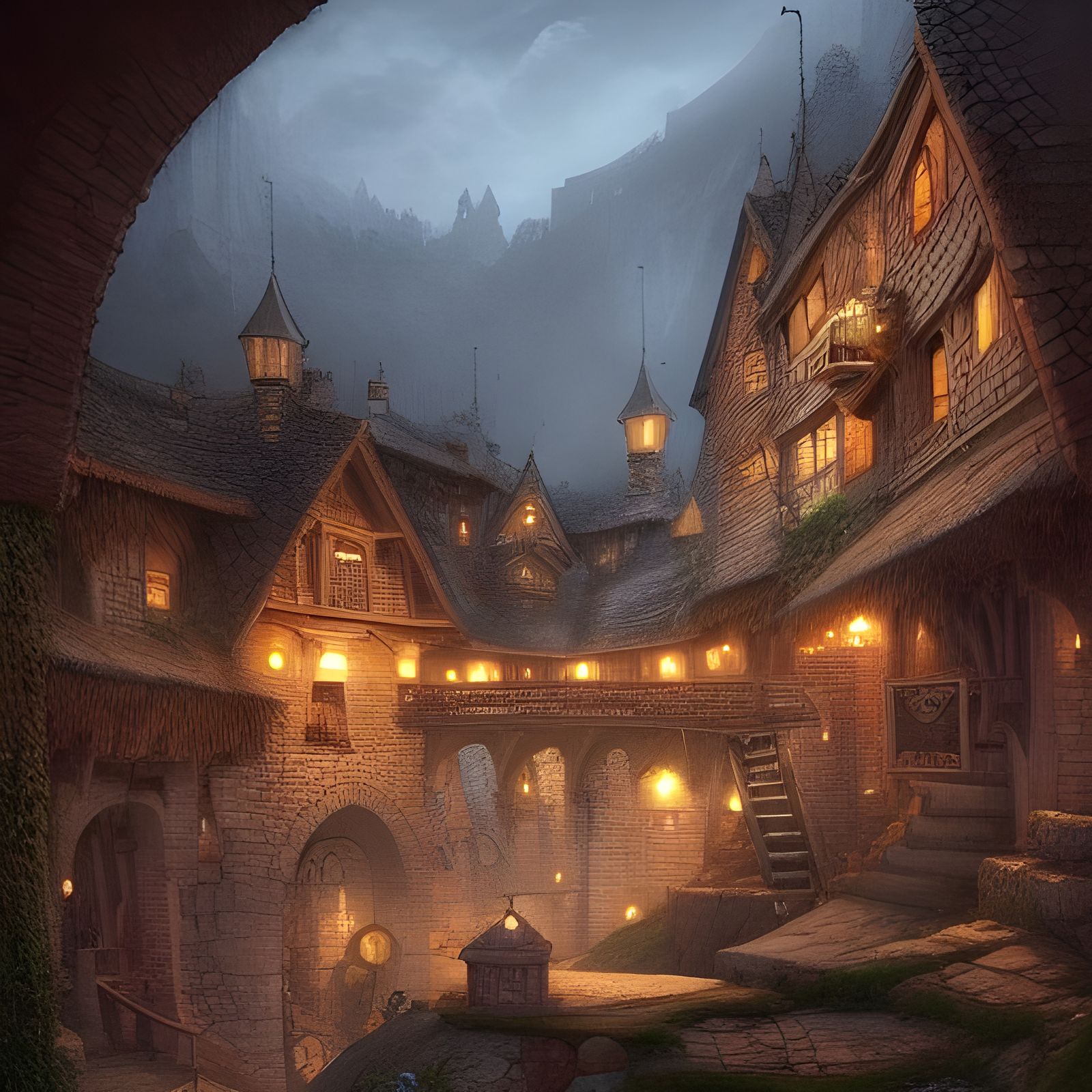 Enlightened Fantasy Village with Waterfall and Marketplace