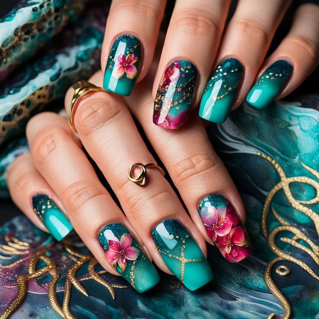 Vibrant Watercolor Snake Nail Art with Gold Accents