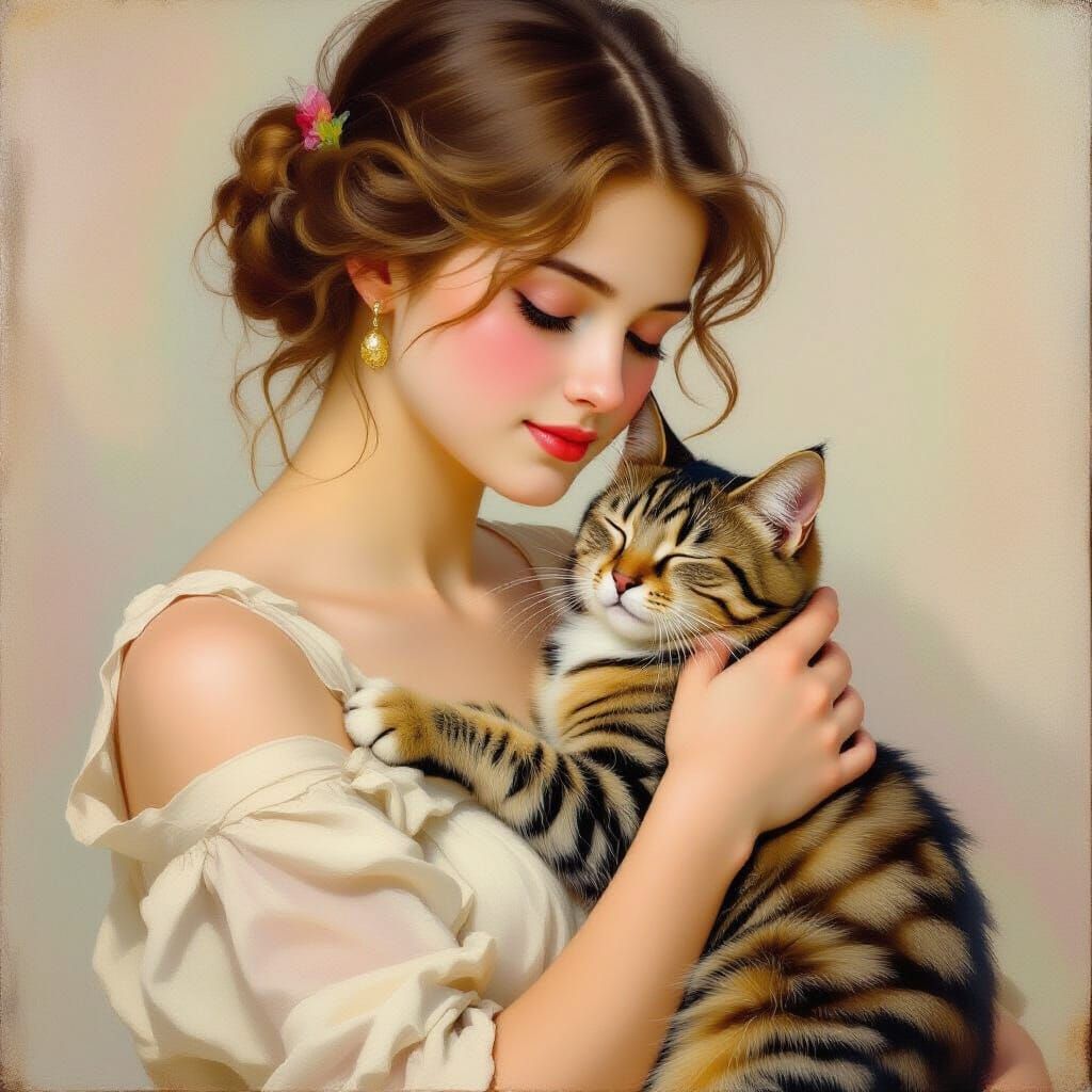 Impressionist Painting of Woman Cradling Tabby Cat