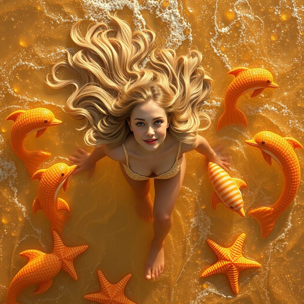 Woman Gliding on Soda Sea with Candy Dolphins