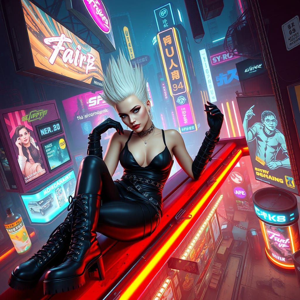 Gothic Cyberpunk Goddess in Neon-Lit Bar