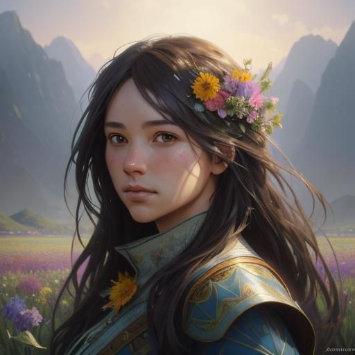 Colorful Flower Field Portrait in Art Nouveau Style