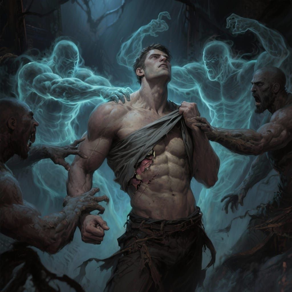 Ghostly Figures Rip Shirt Off Muscular Man