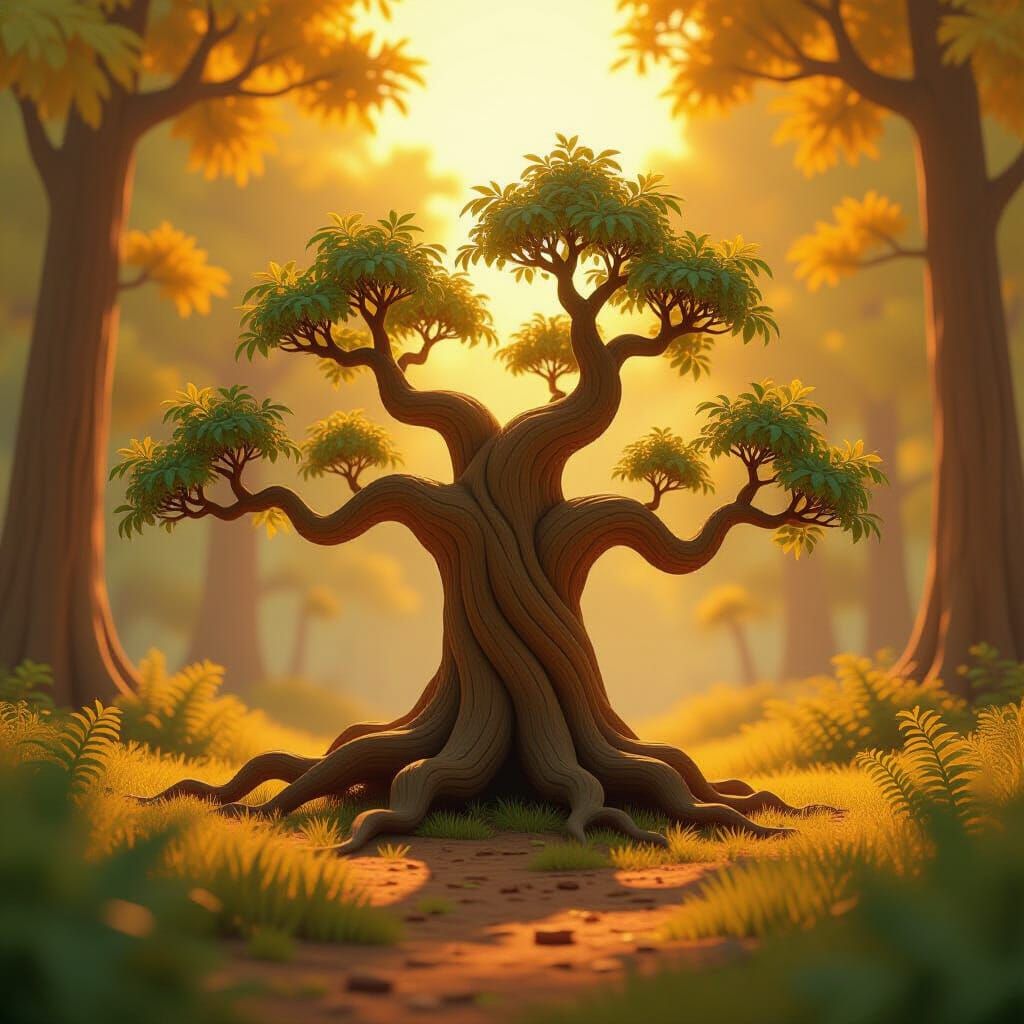 Whimsical Walking Oak Tree in Sunlit Forest
