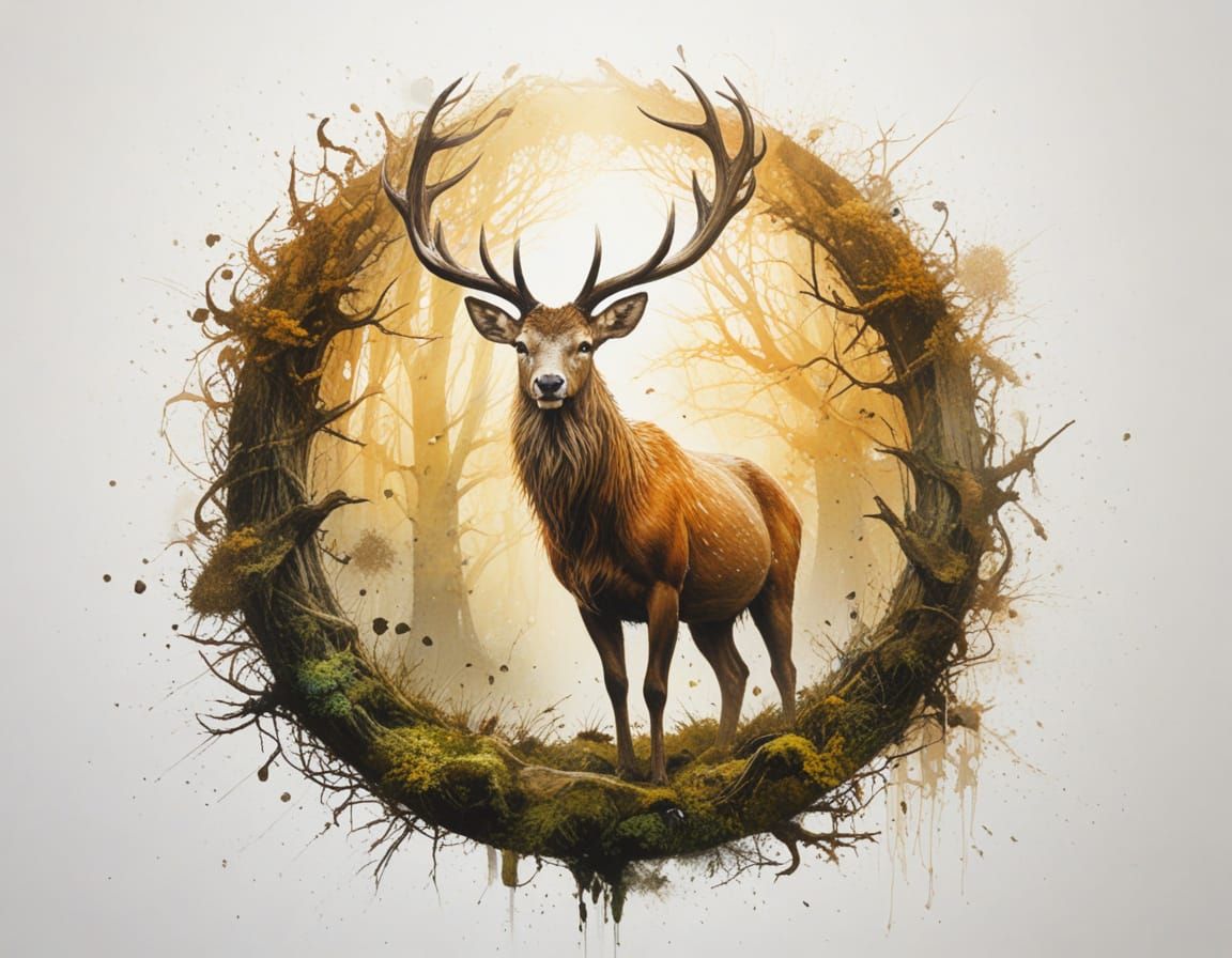 Majestic Golden Stag in Sunlit Misty Woodland Glade