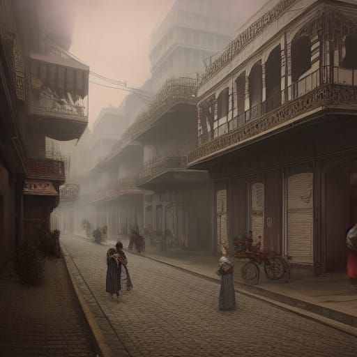 Misty Kinshasa Street, 1880s Matte Painting