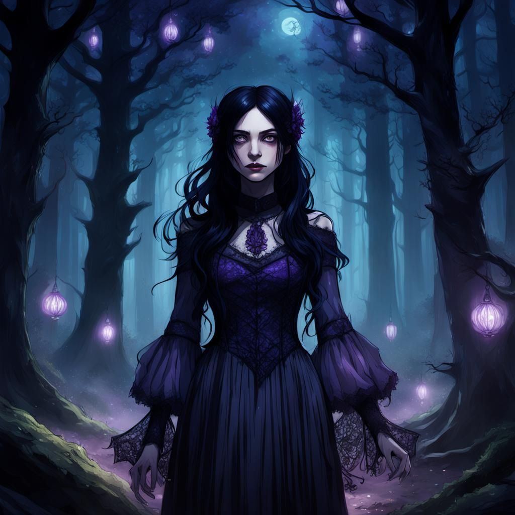 Gothic Girl in Mystical Forest Concept Art