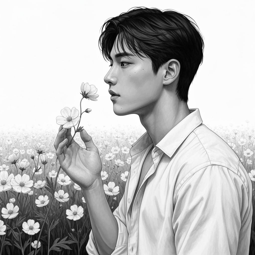 Hyperdetailed Drawing of Man Admiring Flowers