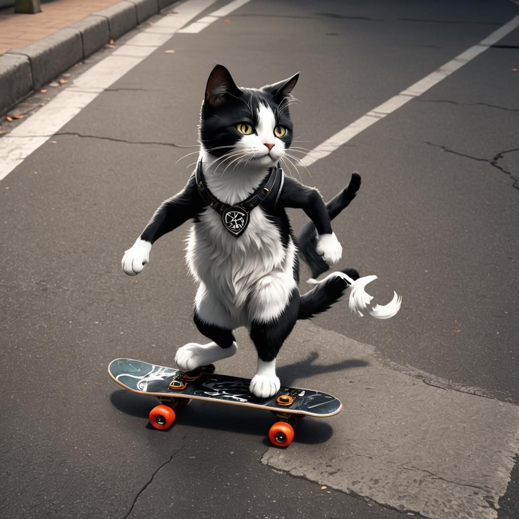 Black and White Cat Skateboarding Logo in 8k