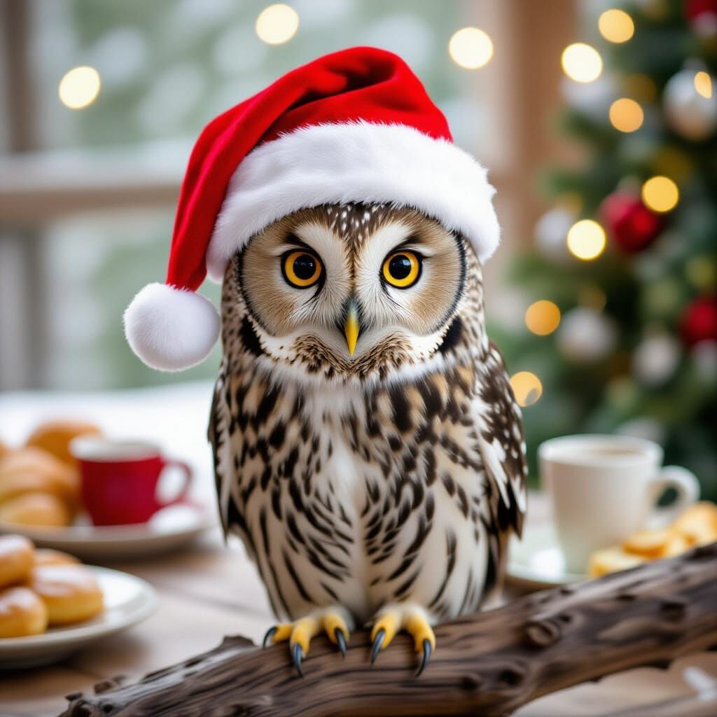 Wise Owl in Santa Hat Perched on Branch